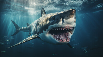 Obraz premium Ocean shark bottom view from below. Open toothy dangerous mouth with many teeth. Underwater blue sea waves clear water shark swims forward