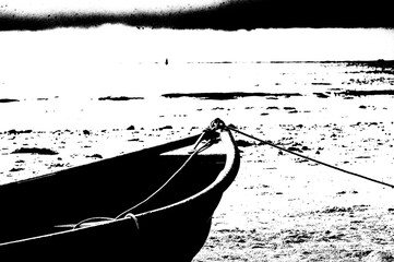 vector Sunset on the beach canoe seashore coastal Bahia at the end of the day sand and sea black and white vector image on transparent white background
