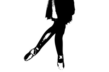 vector dance position of ballerina, legs crossed with ballet pointe, half-length slipper, body expression image on transparent black and white background