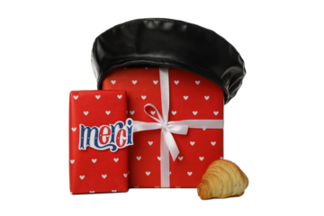 PNG of a gift with a French beret isolated on a white background.