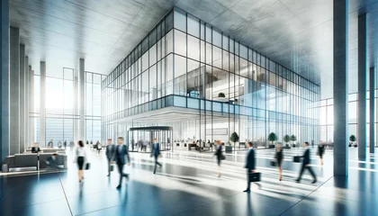 Foto op Plexiglas Spacious office interior with panoramic glass walls and bustling professional activity. High-rise work environment concept. Generative AI © Who is Danny