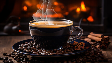 Coffee cup and coffee beans on table
