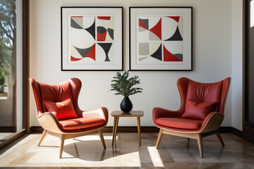 Visualize the charm of two chairs in brown, white, and red, positioned against a blank wall, with an empty frame as a focal point. 