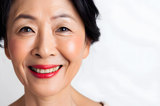 Mature old asian lady close up portrait. Senior korean woman with grey hair laughing and smiling. Healthy face skin care beauty, skincare cosmetics, dental.	
