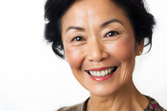 Mature old asian lady close up portrait. Senior korean woman with grey hair laughing and smiling. Healthy face skin care beauty, skincare cosmetics, dental.	
