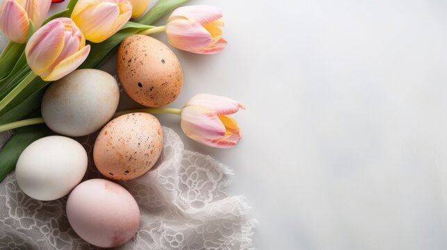 Easter eggs with a speckled pattern and delicate tulips lie on a lace napkin with a place to copy