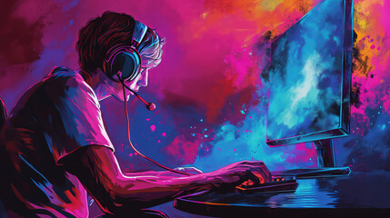 a Gamers playing game with computer on Dark background . Gamer or programmer with headphones sitting . Illustration , Watercolor Style - obrazy, fototapety, plakaty