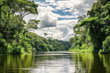 Rainforest and river on a cloudy day
