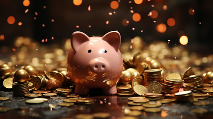 Pink piggy bank with many coins