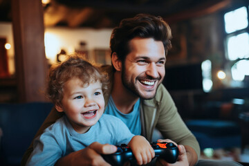 Father and son playing video games