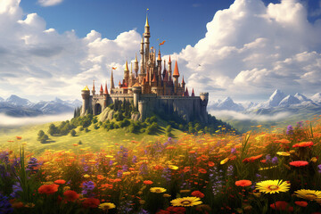 castle in flower field - obrazy, fototapety, plakaty
