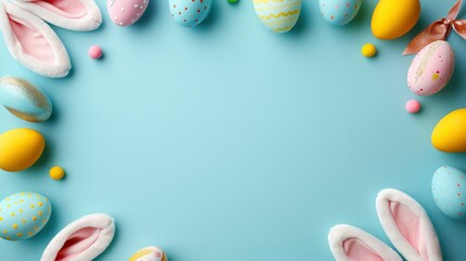 Easter party concept. Top view photo of easter bunny ears white pink blue and yellow eggs on isolated pastel blue background with copyspace in the middle