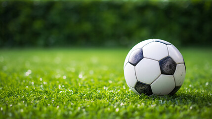 Fototapeta premium a soccer ball sits on the green grass and there is a white line created with Generative Ai