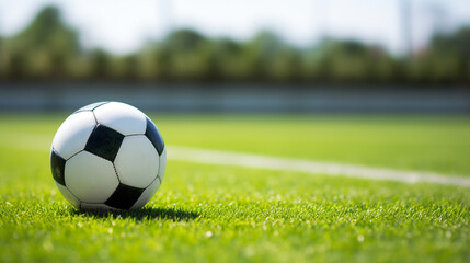 a soccer ball sits on the green grass and there is a white line created with Generative Ai