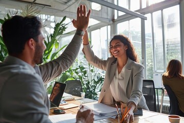 Happy young Indian woman worker giving male colleague high five celebrating good team work results, financial success in professional teamwork at diverse coworkers group office, Generative AI