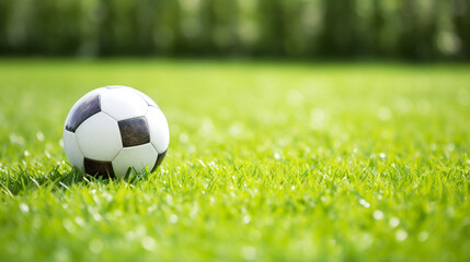 a soccer ball sits on the green grass and there is a white line created with Generative Ai