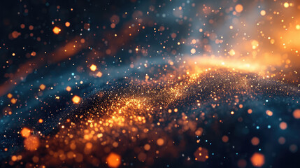 Abstract background on wavy black background with many glitter dots floating and orange light shining.