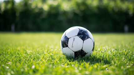 Fototapeta premium a soccer ball sits on the green grass and there is a white line created with Generative Ai