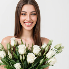 Glückliche brünette junge Frau mit einem Blumenstrauß (Durch AI generiert)