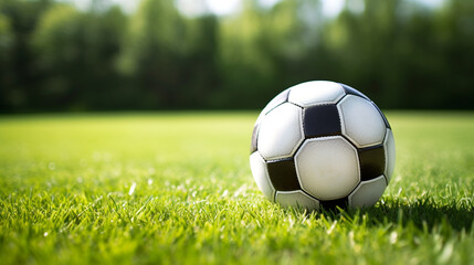 Fototapeta premium a soccer ball sits on the green grass and there is a white line created with Generative Ai