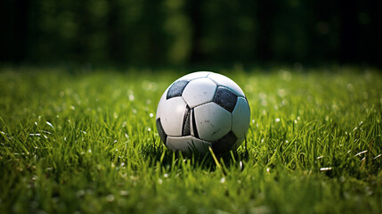 Fototapeta premium a soccer ball sits on the green grass and there is a white line created with Generative Ai