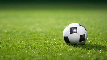 Fototapeta premium a soccer ball sits on the green grass and there is a white line created with Generative Ai