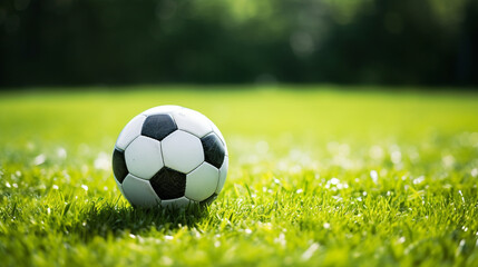 Fototapeta premium a soccer ball sits on the green grass and there is a white line created with Generative Ai