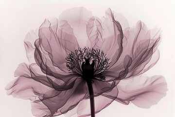 Blossoming Secrets. A Macro X-ray Detail Reveals the Intricate Beauty of a Peony Flower, Rendering its Delicate Petals in White against a Dramatic Black Background.