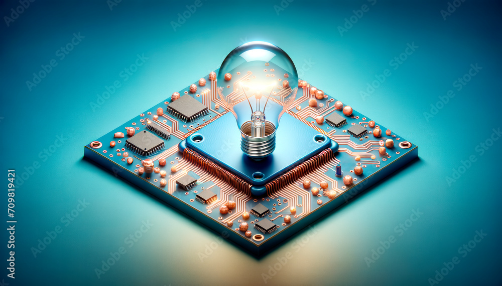 Poster Illuminated light bulb on a circuit board, concept of innovation and technology. Generative AI