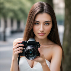 Hübsche junge brünette Frau beim fotografieren mit einer Kamera (Durch AI generiert)