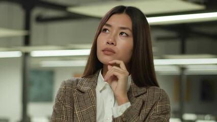 Asian girl in office Korean business woman lady Chinese businesswoman Japanese female manager worker student indoors confused pensive think thoughtful thinking puzzled solving challenge idea solution