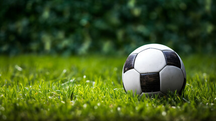 Fototapeta premium a soccer ball sits on the green grass and there is a white line created with Generative Ai