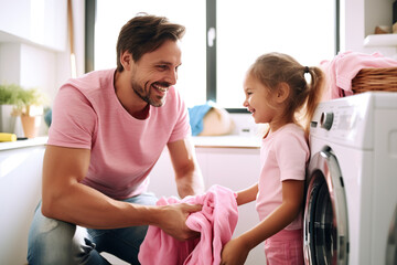 Father and daughter doing laundry together