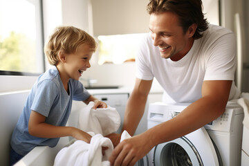 Father and son doing laundry together