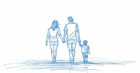 Minimalistic sketch like line art draw of family walking together - obrazy, fototapety, plakaty