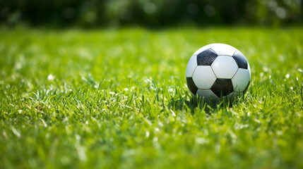 a soccer ball sits on the green grass and there is a white line created with Generative Ai