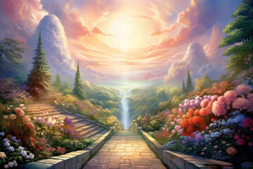 Garden illustration landscape art pathway heaven paradise - obrazy, fototapety, plakaty