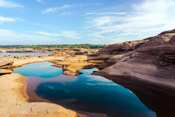 Grand Canyon in Thailand, Nature of rock canyon in Mekong River, Dry rock reef in the Mekong River with mountain hills. View of Sam Phan Bok is called Valley of Thailand. Nature landscape background.