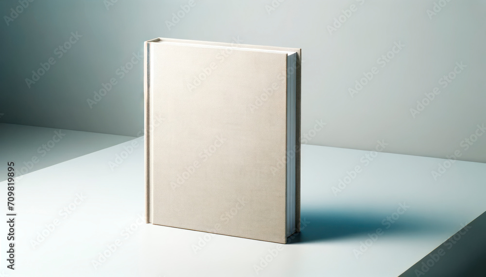 Poster beige book standing on a clean surface with shadow play. minimalist design. generative ai