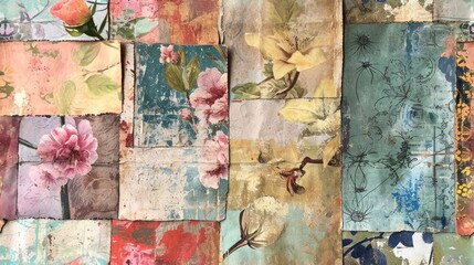 Botanical Elegance. A Mixed Media Collage of Worn Napkin Patterns on Rice Paper Tissue, Inspired by Unique and Charming Wallpaper.