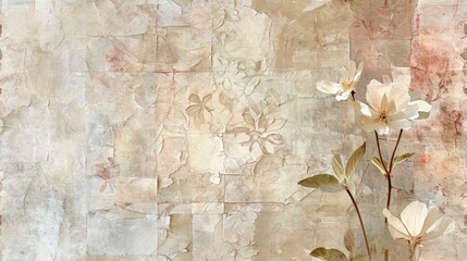 Spring Elegance. A Mixed Media Collage with Delicate Napkin Patterns on Rice Paper Tissue, Creating a Creamy Neutral Wallpaper Infused with Soft and Serene Spring Tones.