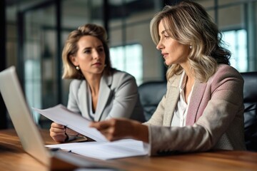 Business woman lawyer manager holding legal documents consulting mature older client at office meeting, two professional executives experts discussing, Generative AI