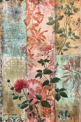 Botanical Elegance. A Mixed Media Collage of Worn Napkin Patterns on Rice Paper Tissue, Inspired by Unique and Charming Wallpaper.