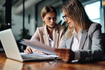 Business woman lawyer manager holding legal documents consulting mature older client at office meeting, two professional executives experts discussing, Generative AI