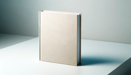 Beige book standing on a clean surface with shadow play. Minimalist design. Generative AI - obrazy, fototapety, plakaty