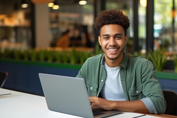 Happy African Black guy student using laptop computer in university library