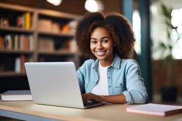 Fototapeta na wymiar Happy African Black girl student using laptop computer in university library