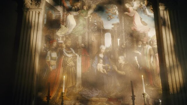Beautiful fresco on the wall in a dark room. Plumes of dust or smoke. Ancient mural wall painting.