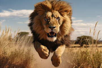 A lion jumping over the camera, high speed chase on the grassy plains