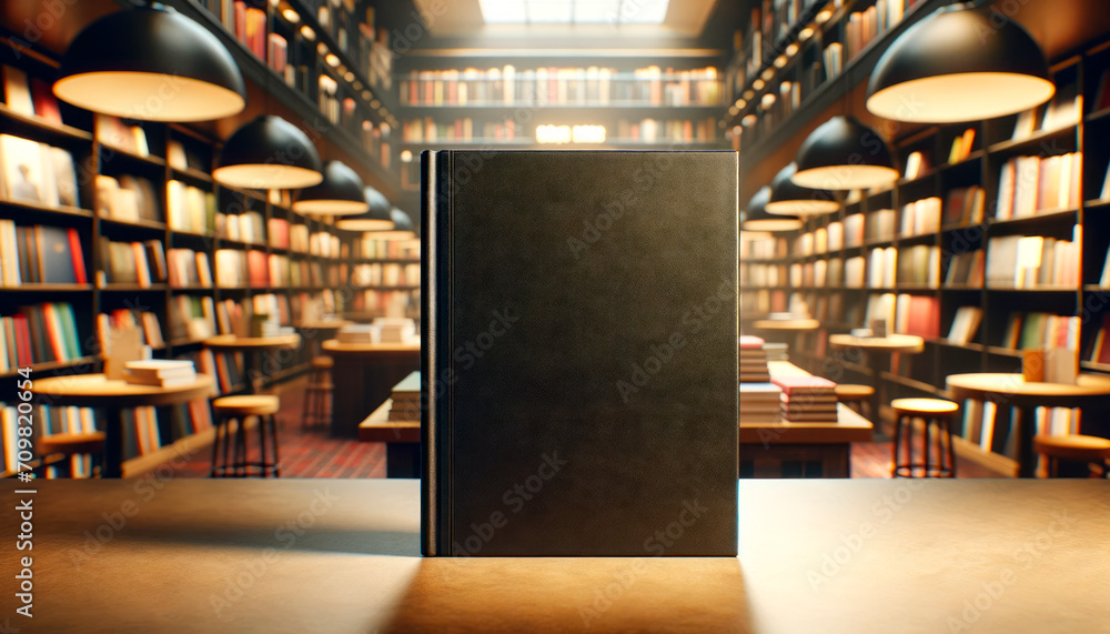 Poster black book standing on table in a classic library setting. generative ai